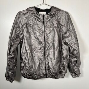 Rave Futuristic Metallic‎ Silver Windbreaker ONLY Hooded Crinkle Zip Up Jacket